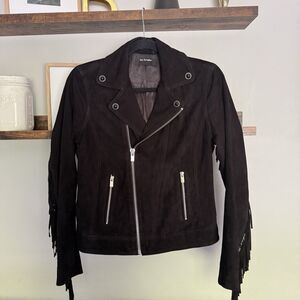 The Kooples Women S Fringed Jacket Goat Leather Soft Suede Biker Black Jacket